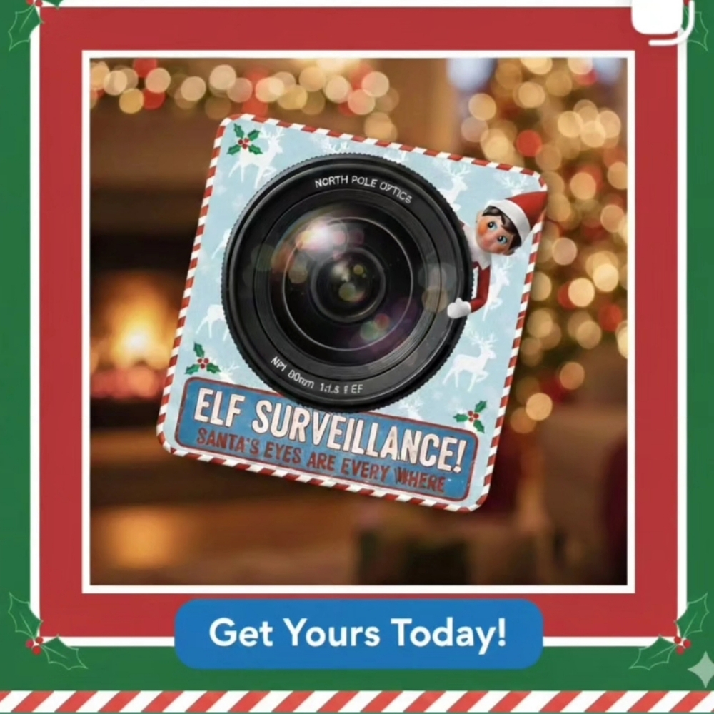 Festive Elf Surveillance Camera Photo Magnet With A Frame in Red Or Green.